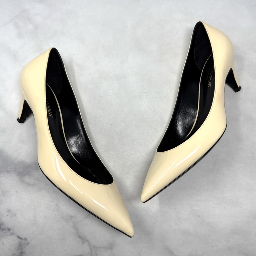 Saint Laurent Charlotte 55 Patent Leather Pointed Toe Kitten Heel Pumps Ivory - Picture 3 of 15